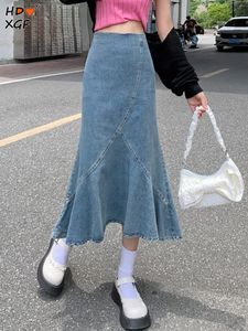 Юбки Y2K Ruffles Long Romaid Denim Женская корейская мода сексуальная макси -вспышка голубые джинсы уличная одежда