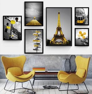 黄色いスタイルの風景画像ホーム装飾ノルディックキャンバスペインティングウォールアートプリントリビングルームのための黒と白の背景風景11578431