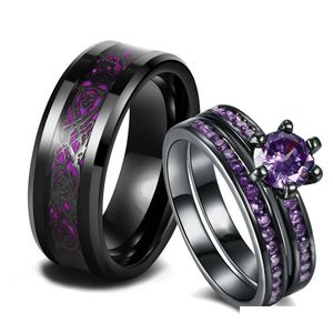 Anéis de banda charme casal anéis romântico roxo strass mulheres conjunto na moda mens aço inoxidável celta dragão anel moda j dhgarden otzk4