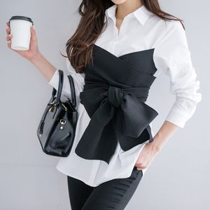 Herren Badebekleidung Sommer Korean Fashion Krawatte Hemd Bluse Frau schwarzer Bogen Langarm Weißer Dame Büro Plus Größe Frauen Tops 230420