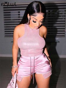 Women's Tracksuits FQLWL Summer Casual 2 Two Piece Sets Outfits Women Sleeveless O Neck Top Drawstring Shorts Pink Tracksuits Black Matching Sets P230419
