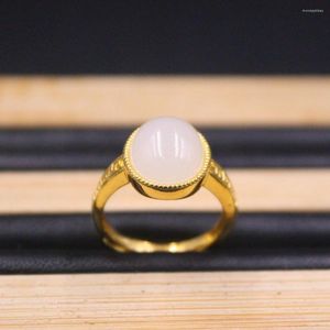 Rings de cluster Real puro 999 24k Banda de ouro amarelo Mulheres nefrite Jade White Pattern Ring 2.01g