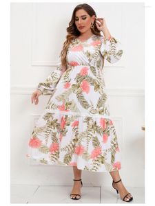 Plus Size Kleider Frühling und Herbst Spitze Kleid mit V-Ausschnitt Damen Print Fat MM Large Long Feminino