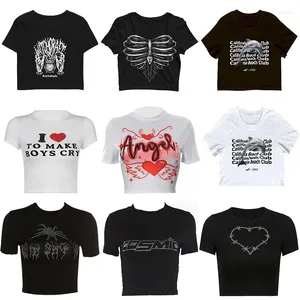 Koszulki damskie T-shirt Harajuku y2k pół-nagie O-deterk krótkie rękawowe czarne punk gotyckie szkieletowe list wydrukowany pępek