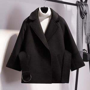 여자 재킷 프랑스 빈티지 소형 여성 봄 솔리드 벨트 코트 2023 패션 턴 다운 칼라 포켓 옷 여성 세련된 재킷