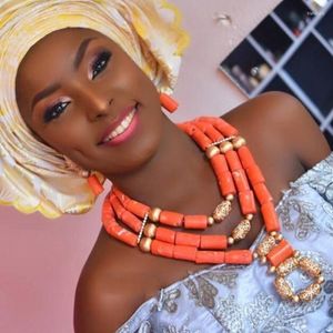 Necklace Earrings Set Natural Coral Bride Party Jewelry Elegant Women Beads Nigerian Wedding African ABG29