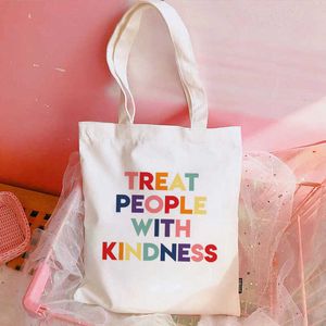 Borse per la spesa tratta le persone con gentilezza stampato sacca con spalla singola Student Fashion Holdhell Shopping Bag