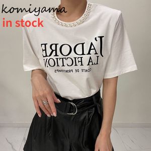 レディースTシャツコミヤマパッチワークパールY2K衣服韓国シックレタープリントトップ