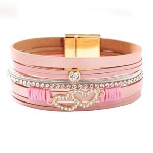 wholesale Fashion crystal PU leather double heart bracelet hand woven multilayer bracelet for women hip hop jewelry