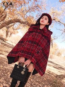 Jaquetas femininas moda mulheres duplo breasted vermelho xadrez tweed jaqueta capa capa outwear casaco outono inverno batwing manga manto casaco