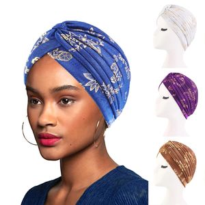 Kadınlar altın ışıltılı parlak baskı türban şapkası Müslüman türban kafa bandı kemo şapkası başörtüsü saç dökülmesi şapka kapağı başörtüsü sargı kapakları