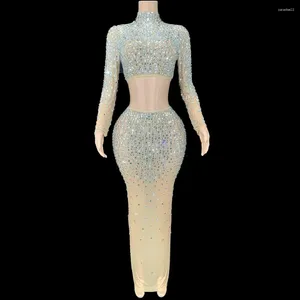 Abbigliamento da palco Gonna lunga con strass scintillanti Set due pezzi elasticizzati trasparenti sexy Festeggia l'abito da ballo da sera per le donne