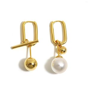 Hoop Earrings AENSOA Asymmetry Irregular Pearl Geometric Drop For Women Gold Color Hollow Oval Metal Ball Hanging