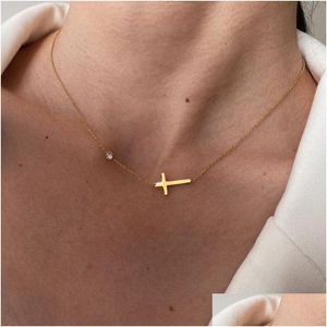 Pendant Necklaces Delicate Petite Sideway Cross Necklaces Pendant Women Stainless Steel Thin Chain Link Christian Jewelry Dr Dhgarden Otf3Z