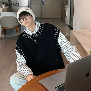 Men's Vests Sweater Men Autumn Spring O-neck Fashion Ins Students Sleeveless Knitted Sweaters Male Tops Loose Stripe Simple All-match