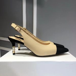 Tasarımcı Slingback Topuklar Pompalar Ayakkabılar Katil Topuklu Slingback Pompa Gerçek Deri Kapak Ayak Parmağı Siyah Beyaz Bej Loafers Bayan Düğün Partisi Resmi Elbise Ayakkabı