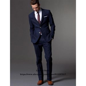 Men's Suits & Blazers Classic Navy Blue Mens Formal Business Casual Wedding Groom Slim Fit Blazer Terno Masculino 2 Piece Sets (Jacket Pan