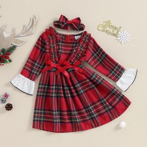 Girl Dresses Kids Baby Girls Red Plaid Casual Dress Christmas Clothes Flare Long Sleeve Ruffle O Neck Bow A-Line With Hair 2PCS