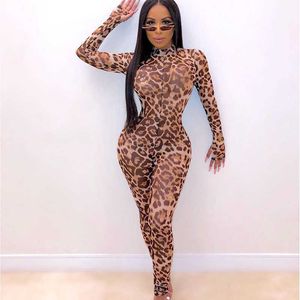 Women's Jumpsuits Rompers Sexy Leopard Print Jumpsuit Club Outfits for Women Party Midnight Mesh Bodycon Rompers Womens Jumpsuit Dance One Piece Overalls P230419