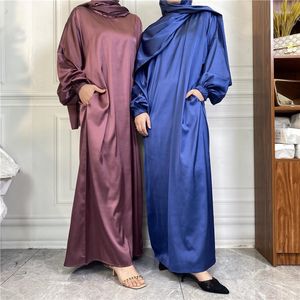 Roupas étnicas wepbel manga longa hijab túnica abaya cor de cetim de cor sólida Mulheres muçulmanas islâmicas kaftan