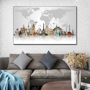 Sammanfattning Kända byggnader Big Ben Eiffel Tower Map Modern Canvas Målning Poster Print Cuadros Väggkonst Bild för vardagsrum