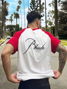 Designer modekläder T-shirts Hiphop-tröjor Trendigt märke Rhude Broderi-sömmar Kontrastfärg Dimma High Street T-shirt Herrpar på sommaren Halvärm