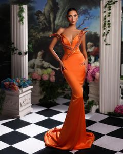 Sexig orange sjöjungfru prom klänningar pärlor älskling lång aftonklänning lyxklänningar 2023 för fest