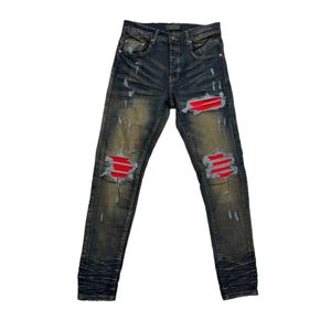 Calças de brim roxas Designer Stack Jeans Skinny Stretch Denim Calças para Homens Hip Hop Angustiado Calças com Zíper Para Masculino Stretch Denim Camurça Patches Mens Designer Jeans