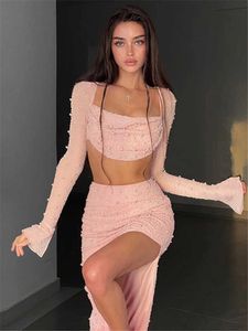 Casual Kleider SK Sexy Kleid Sets Frauen Square Kragen Volle Hülse und Split Rock Passende Sets Female Club Party Zweiteiler 2022 Sommer J230418