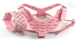 26quot34quot Chest Pink Spiked Studded Leather Dog HarnessCollars Set for Pitbull Mastiff2078040