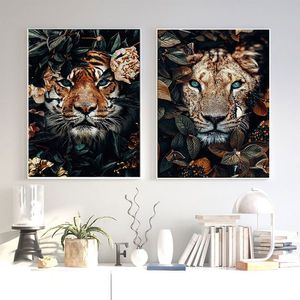 Tier in Blumen Poster und Drucke Wandkunst Löwe Elch Panda Gepard Orang-Utan Leinwand Gemälde Bild für Wohnzimmer Dekor