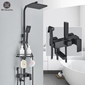 Soffioni doccia per bagno Rubinetto in ottone nero Set Rubinetto per vasca a pioggia con ripiano 4 Funzioni Regolazione altezza Miscelatore Gru Consegna veloce 230419