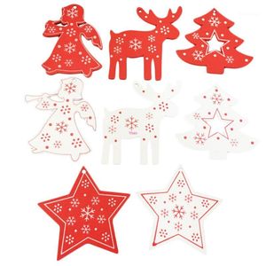 Julekorationer 10st White Red Tree Ornament Wood Hanging Pendants Angel/Deer/Christmas/Star Home Decorations1