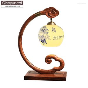 Table Lamps Qiseyuncai 2023 Chinese Redwood Lamp Vintage Rosewood Solid Wood Living Room Study Ceramic