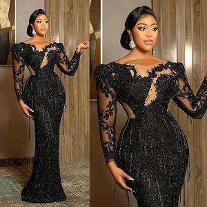 2023 Plus Size Lastest Aso Ebi Prom Dresses Long Tulle Lace Sleeves Mermaid Black Beading African Nigeria Glitter Evening Dress Second Reception Gowns