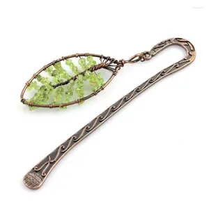 Pendant Necklaces Natural Peridot Tree Of Life Leaf With Copper Metal Bookmark For Women Men Bronze Book Mark Olivine Stone Charms Jewelry