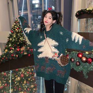 New Year Red classic Christmas Tree sweater Women's Winter ambience design sense of foreign air age reduction Loose lazy sequin knit top