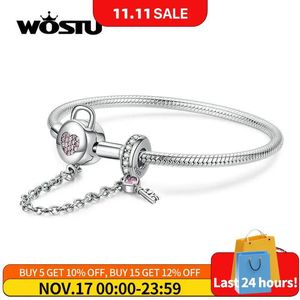 Bangle Wostu 100% 925 Sterling Silver Heart Key Safety Chain Armband Pink Zircon Charm Bangle For Women Silver 925 SMEEXKE CQB143 231118