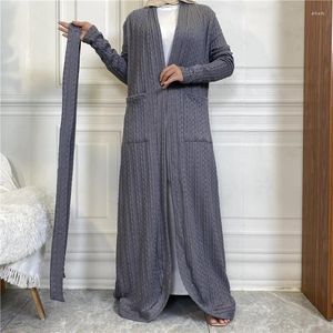 Ethnic Clothing Muslim Women Knitted Cardigan Open Abaya Kimono Jalabiya Long Sweater Dress Belted Kaftan Dubai Turkey Moroccan Caftan Robe