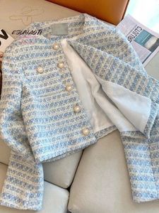 Womens Jackets Blue Little perfume Jacket Autumn French Temperature Pearl Button Tweed Shorts Korean Top Fashion Review 231118