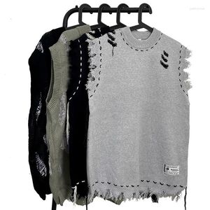Men's Vests Distressed Knitted Sweater Vest Streetwear Vintage Harajuku Hole Fringed Sleeveless Oversized Casual Pullover Unisex