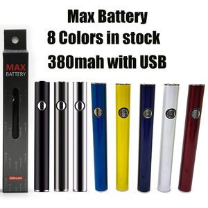 Max Battery Preheat 380mAh Variable Voltage Vape Batteries Pen With Charger For 510 Thread Cartridges E Cigarettes