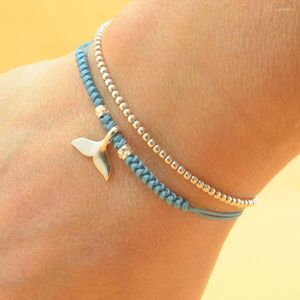 Bracelets de charme vintage cor prata cor de golfinho de cauda de candidária pulseira azul cordão artesanal jóias ajustáveis ​​diariamente