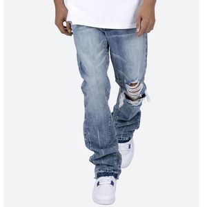 Herren Jeans Kontrastfarbe Loch gewaschen Blau für Herren Streetwear Lose Zerrissene Schlaghose Ausgefranste Retro Lässige Übergroße Jeanshose 230420