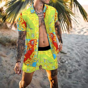 Tute da uomo Camicie da spiaggia moda estiva per uomo Completi da 2 pezzi Abbigliamento da uomo Camicia hawaiana stampata floreale Pantaloncini da uomo Set manica corta 230419