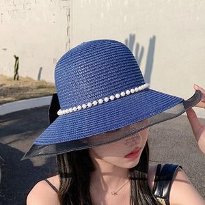 Wide Brim Hats Korean Version Large Pearl Sun Protection Women Summer Hat Spring Outdoor Shade Bow Tie Straw Beach Cap