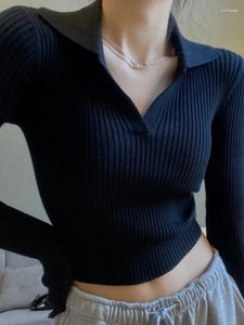 Kadın Sweaters Deeptown Harajuku Siyah Kırpılmış Kazak Kadın Kore Moda Gri İnce Şeritli Örme Jumper Eski Para Tarzı Günlük Y2K Top