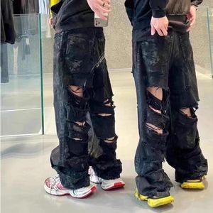 Мужские джинсы High Street с рваными дырками, черные мужские брюки Y2k, мешковатые прямые брюки, джинсовые брюки большого размера, брюки-карго большого размера