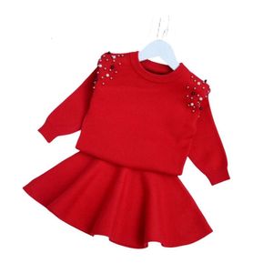 Outono meninas frisado gola redonda manga longa tricô camisola pulôver + saia elástica 2 pçs define moda crianças roupas princesa y5372