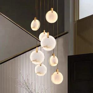 Pendant Lamps Modern Led Marble Ceiling Chandelier Staircase Living Room Interior Lighting Simple Round Crystal Lamp Villa Long